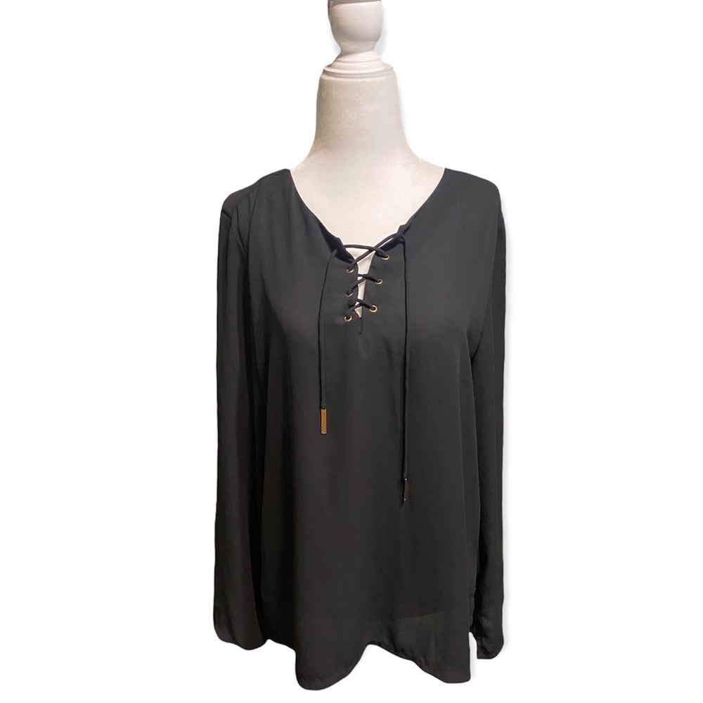 black lace up v neck bell sleeve blouse